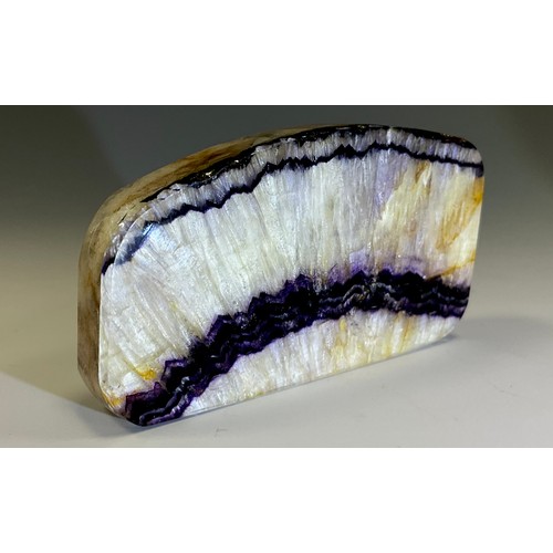 1951 - A Derbyshire Blue John fluorite specimen slice, slightly arched form, 4cm x 7.3cm, 13cm high, 5.8cm ... 