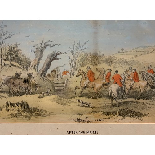 1057 - English School (19th century), a set of six coloured prints, hunting scenes, 25.5cm x 36.5cm