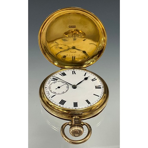 506 - A George V 9ct gold hunter cased pocket watch, white enamel dial, Roman numerals, subsidiary seconds... 