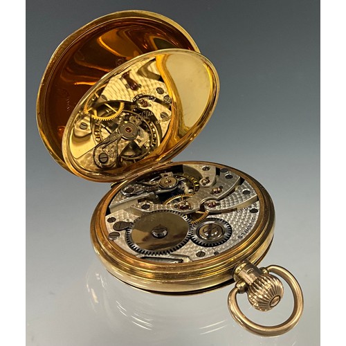 506 - A George V 9ct gold hunter cased pocket watch, white enamel dial, Roman numerals, subsidiary seconds... 