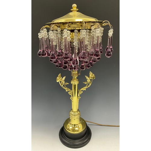 2008 - An unusual brass and amethyst glass table lamp with pale amethyst purple glass droplet and clear gla... 