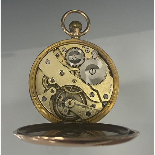 505 - A George V 9ct gold hunter case pocket watch, white dial, Roman numerals, subsidiary seconds, stem w... 