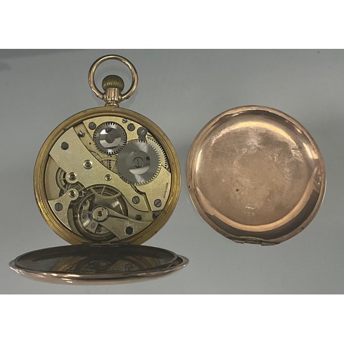 505 - A George V 9ct gold hunter case pocket watch, white dial, Roman numerals, subsidiary seconds, stem w... 