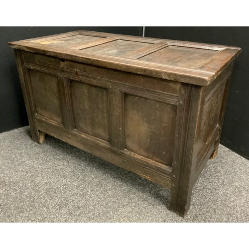 1627 - An early 18th century three panel blanket chest, stile feet, 61cm high x 103cm wide x 53cm deep.