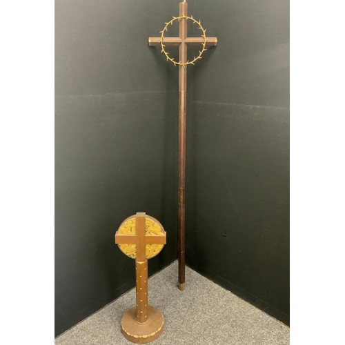 2114 - A hand crafted oak altar cross and hard wood processional cross made by, the alter cross carved with... 