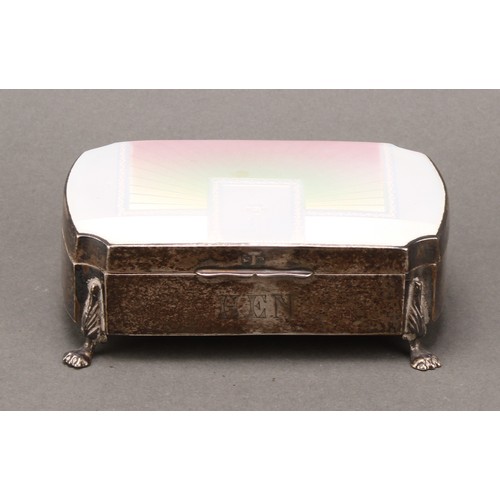 336 - An Art Deco silver and guilloche enamel shaped rectangular dressing table jewellery casket, hinged c... 