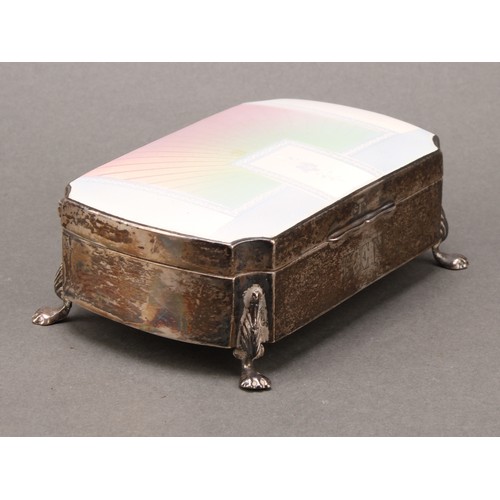 336 - An Art Deco silver and guilloche enamel shaped rectangular dressing table jewellery casket, hinged c... 