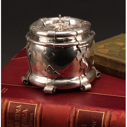 188 - Liberty & Co - an Arts and Crafts silver tea caddy, applied with scrolling brackets and cut-card wor... 