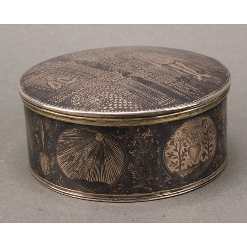 164 - A Russian silver and niello circular table snuff box or marriage casket, decorated with a courting c... 