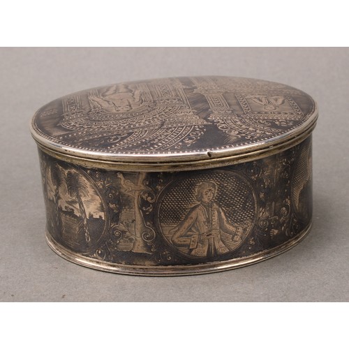 164 - A Russian silver and niello circular table snuff box or marriage casket, decorated with a courting c... 