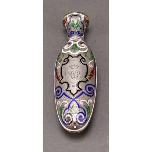 111 - A 19th century silver and enamel scent bottle, engraved with an earl's coronet and decorated in poly... 