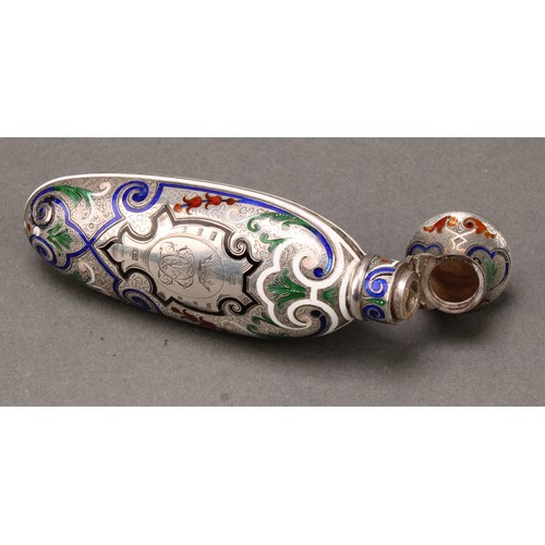 111 - A 19th century silver and enamel scent bottle, engraved with an earl's coronet and decorated in poly... 