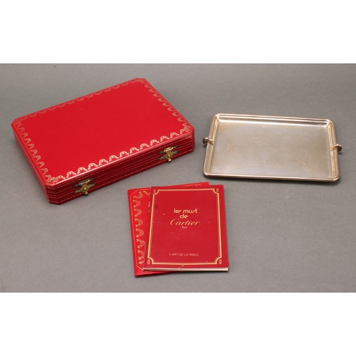 293 - Cartier - a French silver desk tray, scroll handles, 16.5cm wide, 160g, cased, certificate en suite