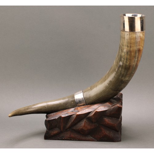 137 - A large Victorian silver mounted cattle horn country house centrepiece, carved oak base, 39.5cm high... 