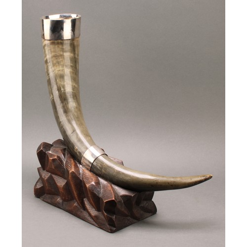 137 - A large Victorian silver mounted cattle horn country house centrepiece, carved oak base, 39.5cm high... 