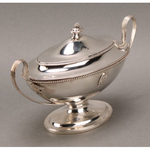 395 - A set of four George III Neo-Classical silver oval pedestal sauce tureens and covers, applied with s... 