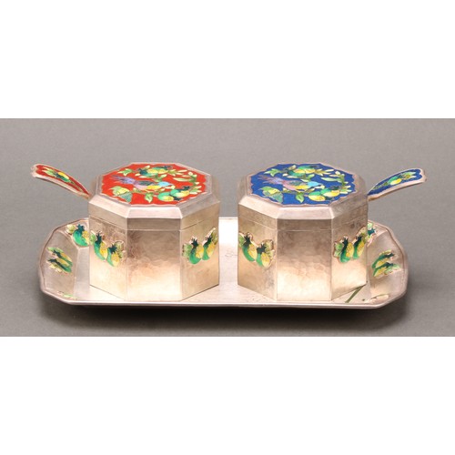 393 - A pair of Korean silver and enamel octagonal condiment boxes on stand, spoons en suite, the stand 20... 