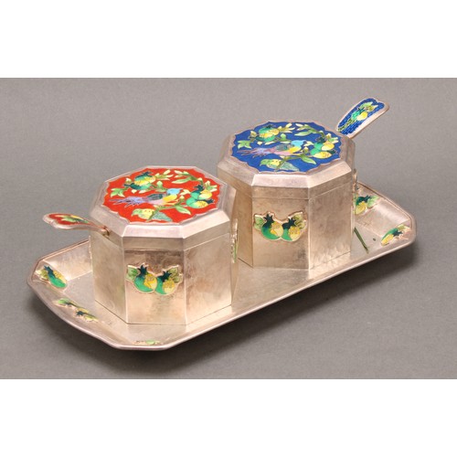 393 - A pair of Korean silver and enamel octagonal condiment boxes on stand, spoons en suite, the stand 20... 