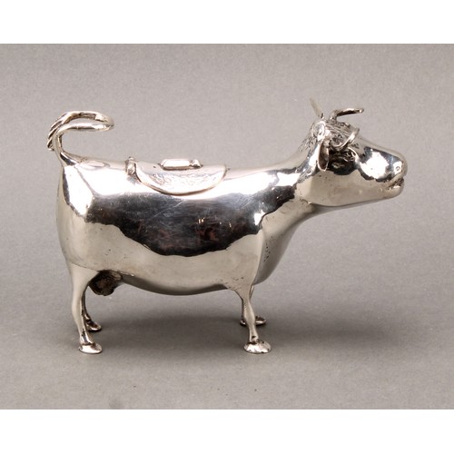 308 - A Dutch silver cow creamer, hinged cover, 14cm long, c.1900, 164g