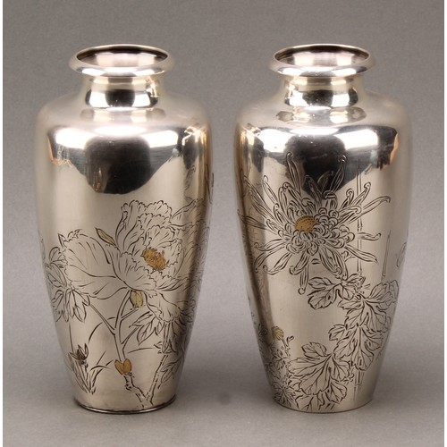 392 - A pair of Japanese silver and mixed metal ovoid vases, engraved with flowers, 19cm high, signed, cha... 