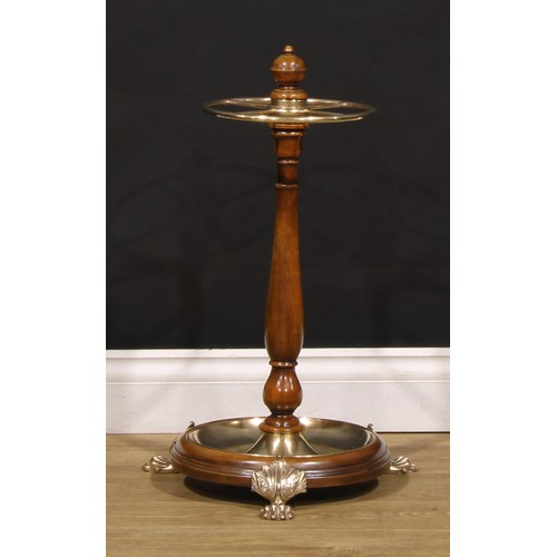 1585 - A 19th century design walnut and brass-mounted walking stick stand, turned baluster column, quartere... 