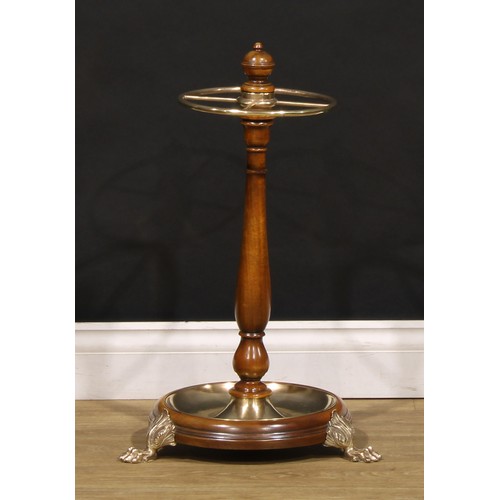 1585 - A 19th century design walnut and brass-mounted walking stick stand, turned baluster column, quartere... 