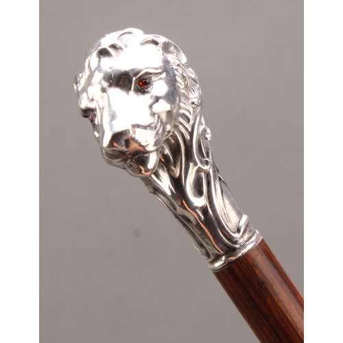 1759 - An Art Nouveau silver mounted walking stick, the pommel as a lion's head, ruby eyes, palmwood cane, ... 