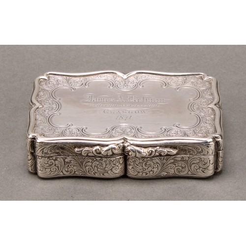 294 - Nathaniel Mills - a large Victorian silver shaped rectangular table snuff box, hinged cover, the bor... 