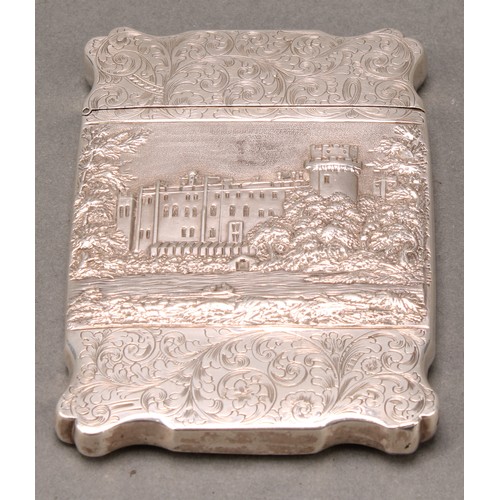 468 - An early Victorian silver shaped rectangular castle top card case, depicting  Kenilworth and Warwick... 