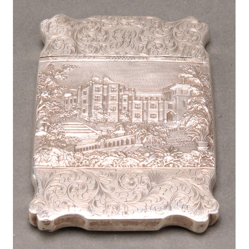 468 - An early Victorian silver shaped rectangular castle top card case, depicting  Kenilworth and Warwick... 