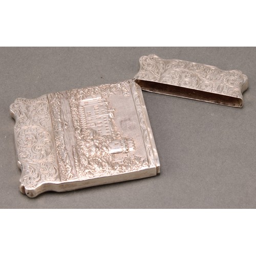 468 - An early Victorian silver shaped rectangular castle top card case, depicting  Kenilworth and Warwick... 