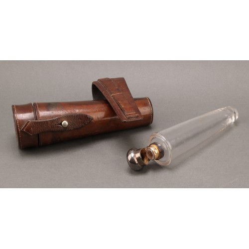 474 - An Edwardian silver mounted glass hunting flask, hinged bayonet cover, 18cm long, London 1903