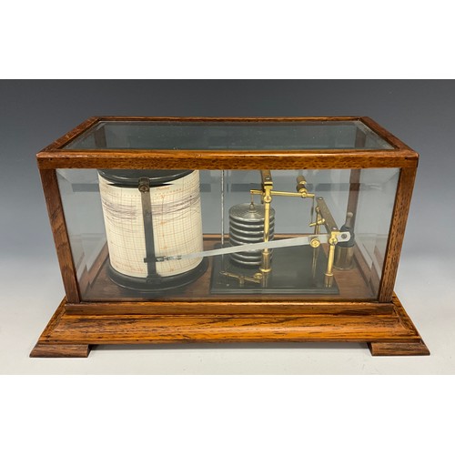 1584 - An Edwardian oak barograph, bevelled glazed case, skirted base, bracket feet, 35.5cm wide, c.1905