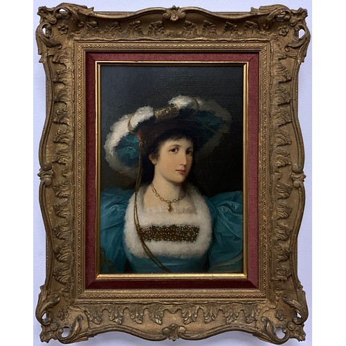 1012 - English School 
An Elegant Young Lady of a lady wearing a Blue Brocade Dress 
indistinctly signed lo... 