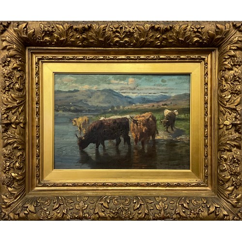 1123 - Joseph Denovan Adam Jnr (Scottish, active 1842-1896) 
Highland Cattle at Water 
signed, oil on board... 