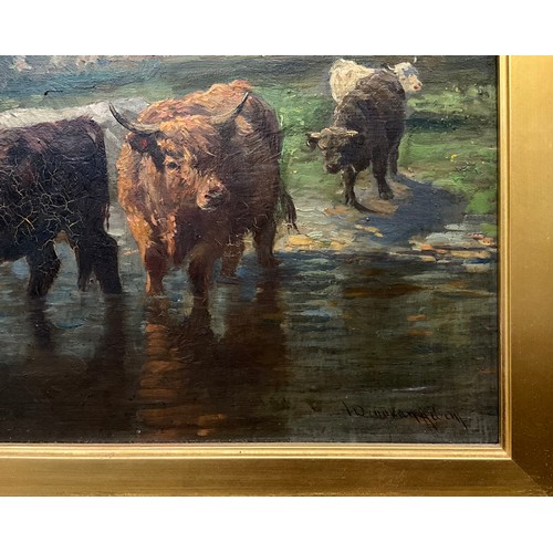 1123 - Joseph Denovan Adam Jnr (Scottish, active 1842-1896) 
Highland Cattle at Water 
signed, oil on board... 