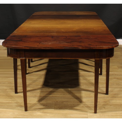 1687 - A George III Revival satinwood banded mahogany D-end dining table, 74.5cm high, 302.5cm long, 126cm ... 