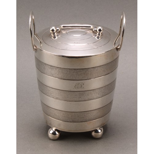 373 - A pair of early 19th century Indian Colonial silver faux-coopered butter coolers and covers, ball fe... 