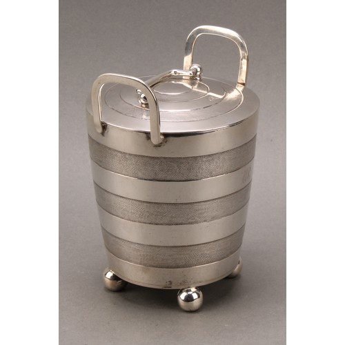 373 - A pair of early 19th century Indian Colonial silver faux-coopered butter coolers and covers, ball fe... 