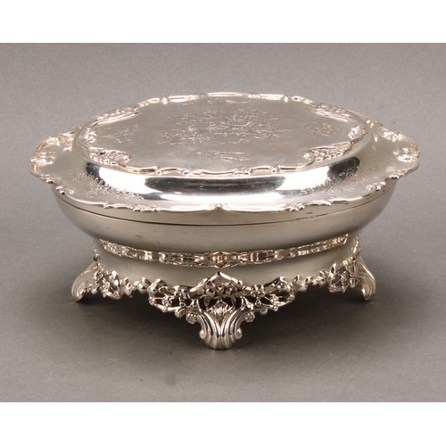 240 - An Edwardian silver shaped oval casket, in the Rococo Revival taste, gilt interior, 17cm wide, Willi... 