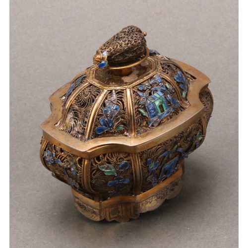 356 - A Chinese silver-gilt filigree and enamel box and cover, decorated with pagodas and stiff leaves, 7c... 