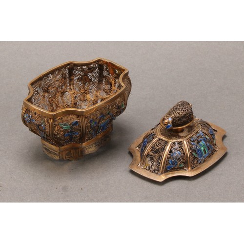 356 - A Chinese silver-gilt filigree and enamel box and cover, decorated with pagodas and stiff leaves, 7c... 