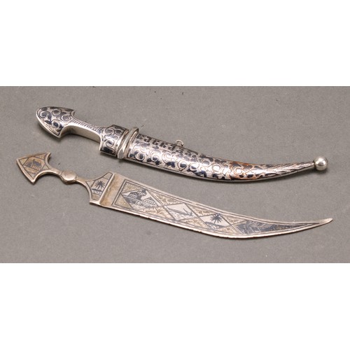 165 - A Russian silver and niello novelty letter knife, as a kindjahl dagger and scabbard, 14.5cm long, ko... 