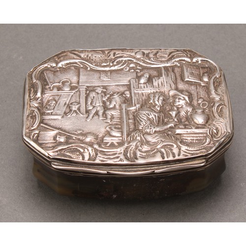 447 - An 18th century silver mounted agate snuff box, stand-away hinged cover cast in the Tenniers taste w... 