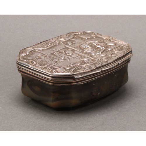 447 - An 18th century silver mounted agate snuff box, stand-away hinged cover cast in the Tenniers taste w... 