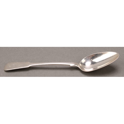 7 - A Scottish provincial silver Fiddle pattern dessert spoon, 18cm long, John & Patrick Riach, Forres, ... 