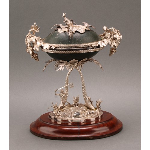 455 - An Australian silver emu egg shaped casket or table centrepiece, adorned with fruiting vine, kangaro... 