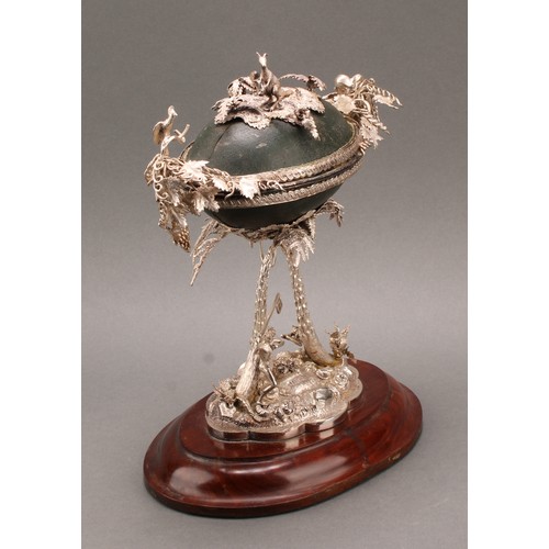 455 - An Australian silver emu egg shaped casket or table centrepiece, adorned with fruiting vine, kangaro... 