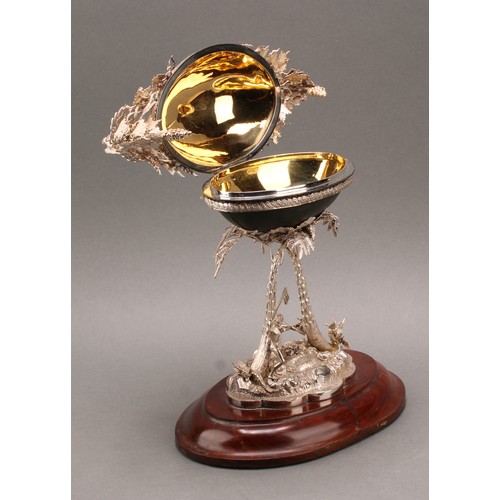 455 - An Australian silver emu egg shaped casket or table centrepiece, adorned with fruiting vine, kangaro... 