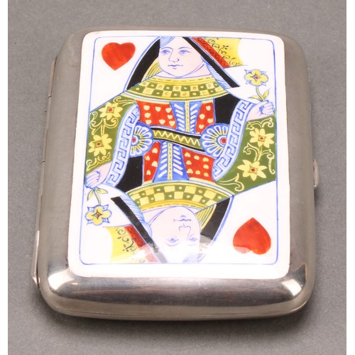 313 - A Victorian silver and enamel rounded rectangular novelty card case, decorated in polychrome with a ... 